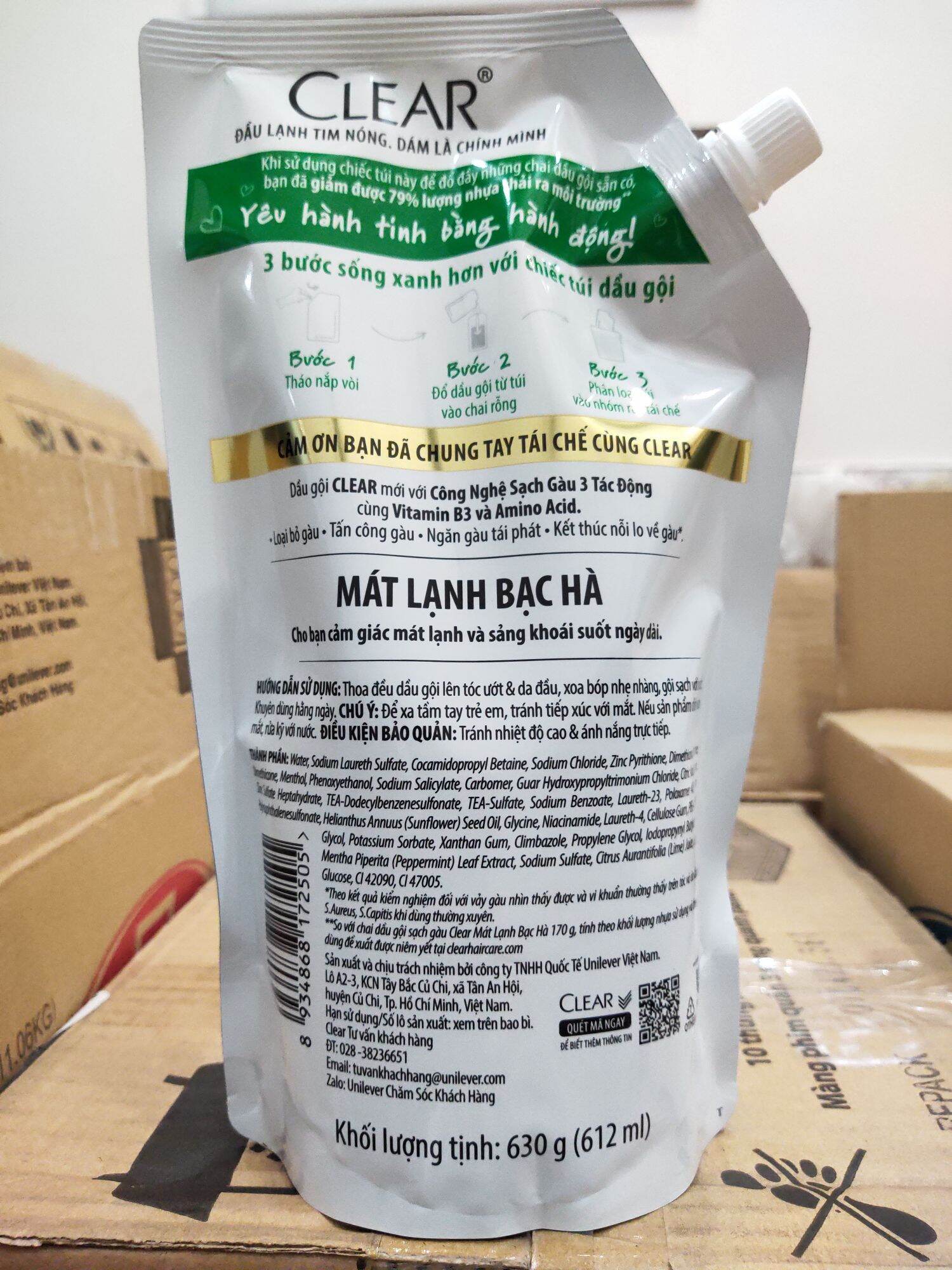 Dầu gội đầu Clear bạc hà túi 630g.
