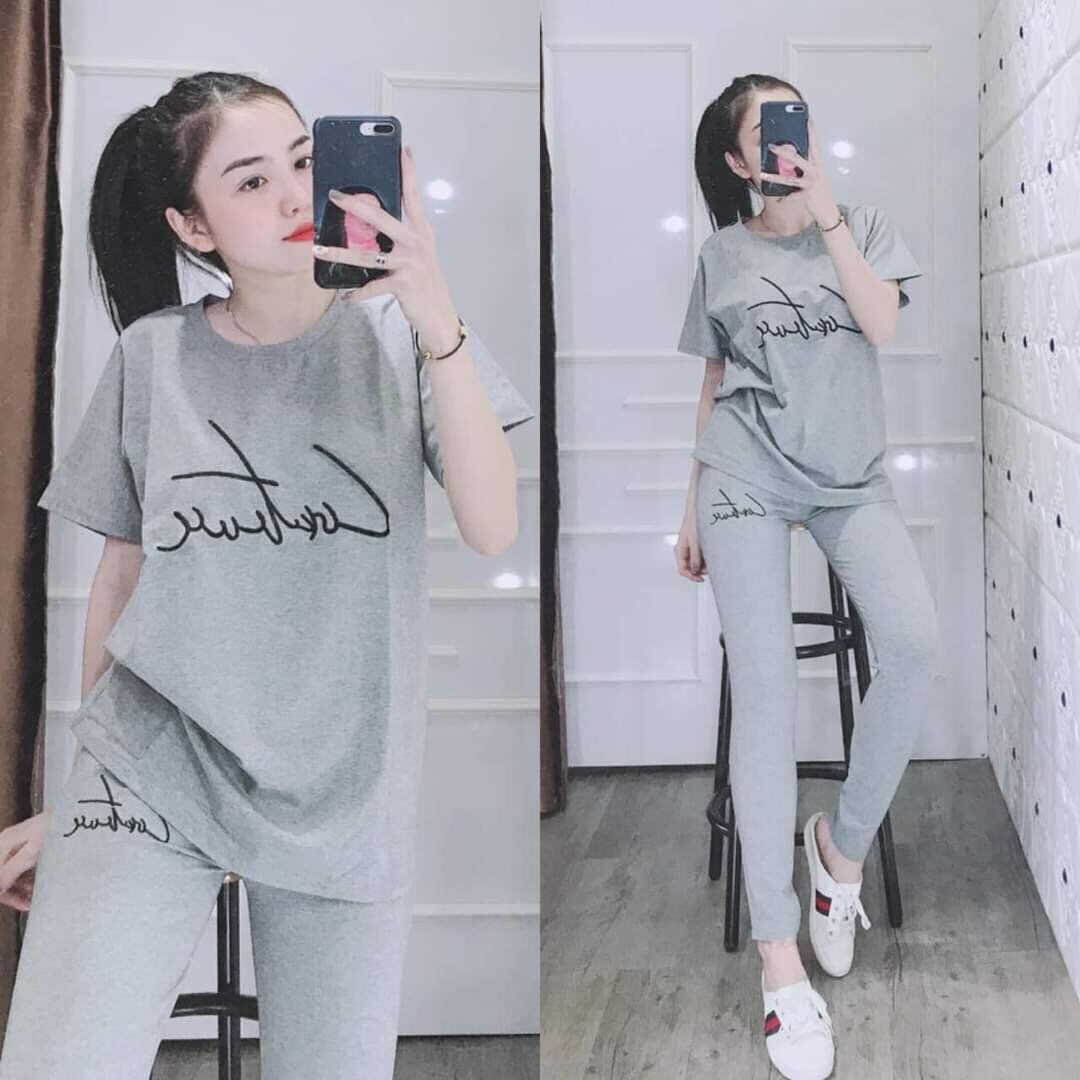 Set bộ đồ bộ dài mặc nhà thêu chữ dễ thương