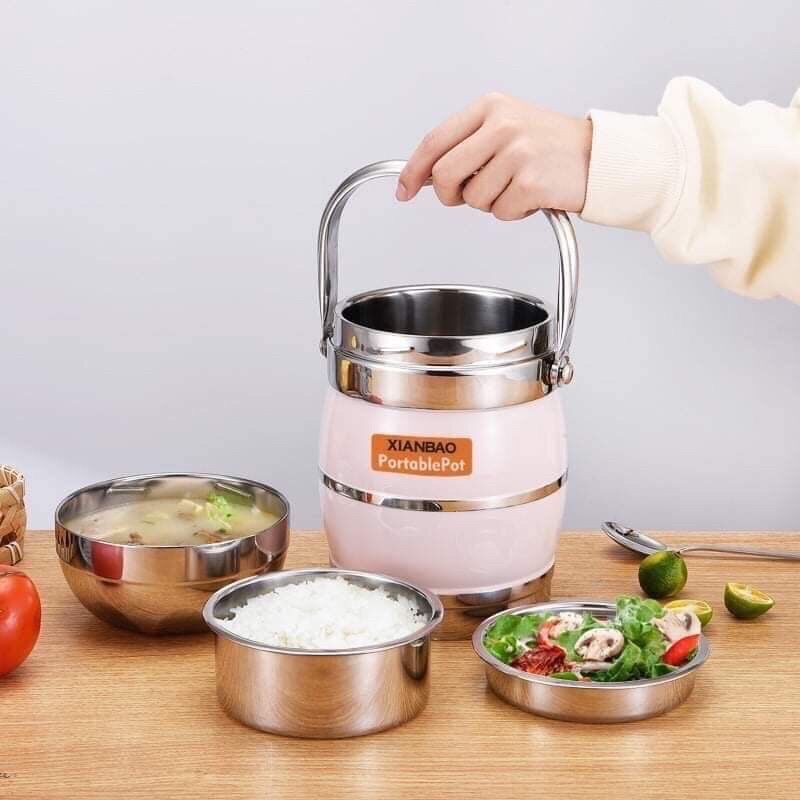 Cặp lồng cơm phình nắp bát 3 ngăn inox 304(1,6l và 2l)