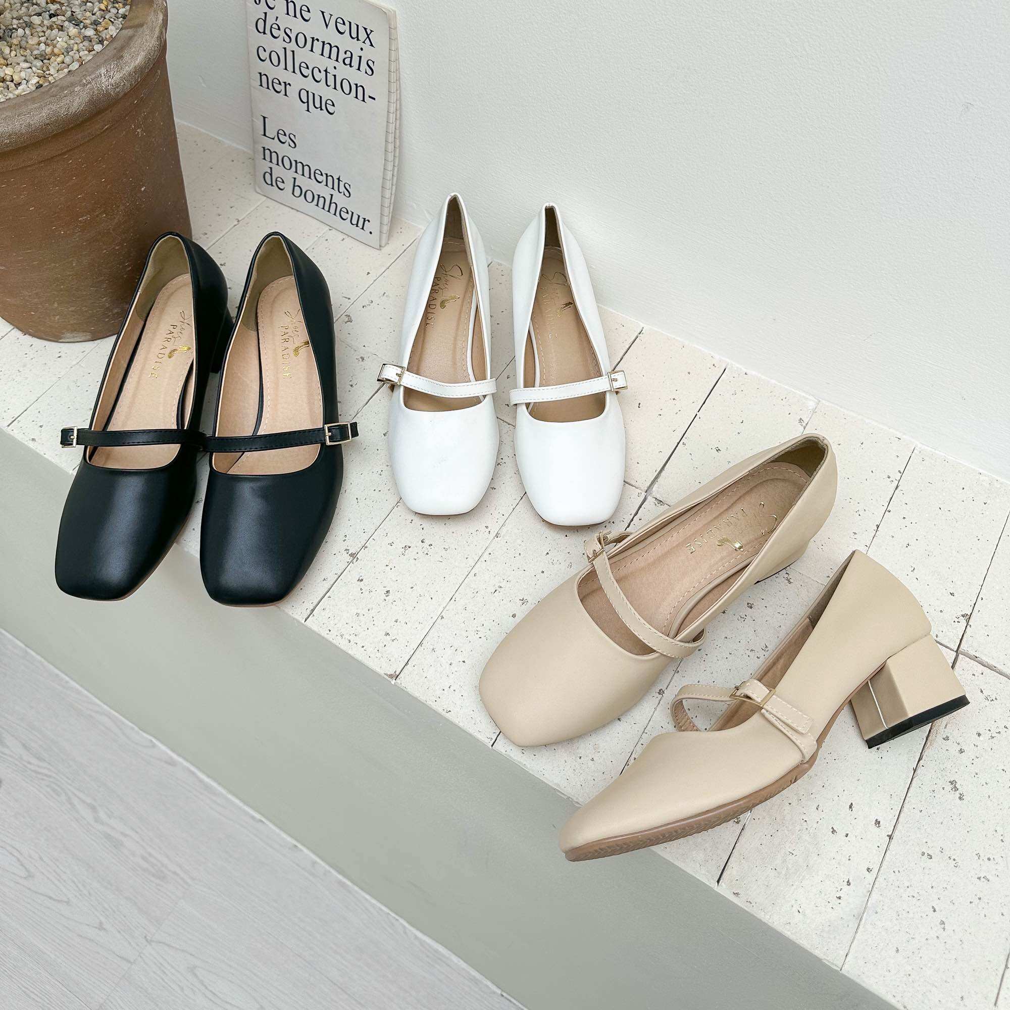 Giày mary jane cao gót 4p mũi vuông đế vuông cao 4cm thời trang đi học đi làm đi chơi thời trang màu đen trắng kem size 35 36 37 38 39 40 Shoes Paradise L045