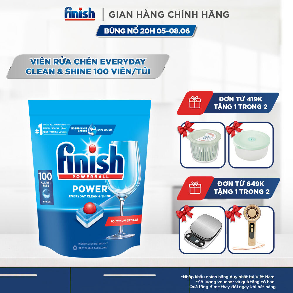 Viên Rửa Chén Bát Hương Chanh Finish Powerball Power Everyday Clean  Shine - Túi 100 viên siêu tiết kiệm