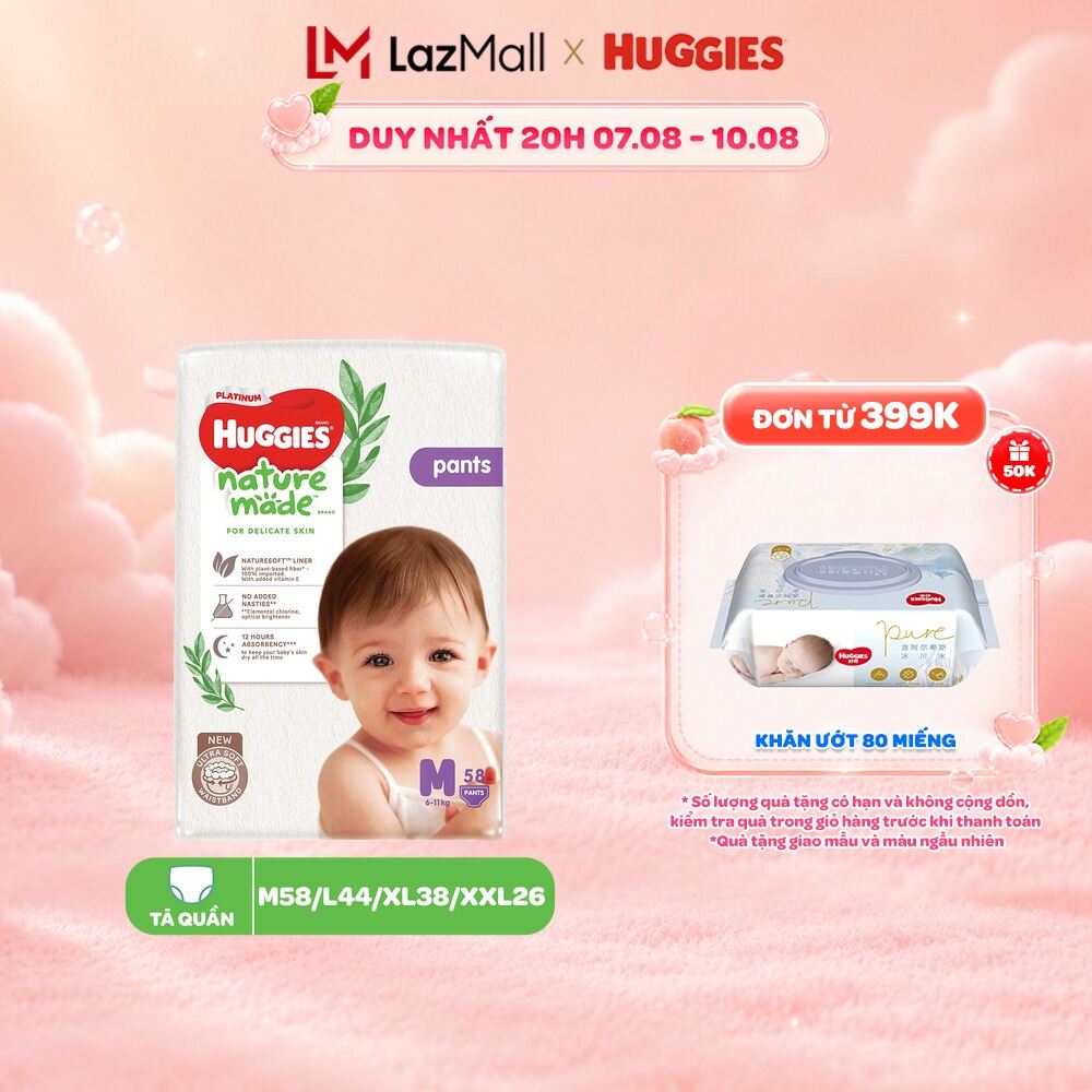 Tã/Bỉm quần Huggies NatureMade Platinum M58/ L44/ XL38/ XXL26/ XXXL28