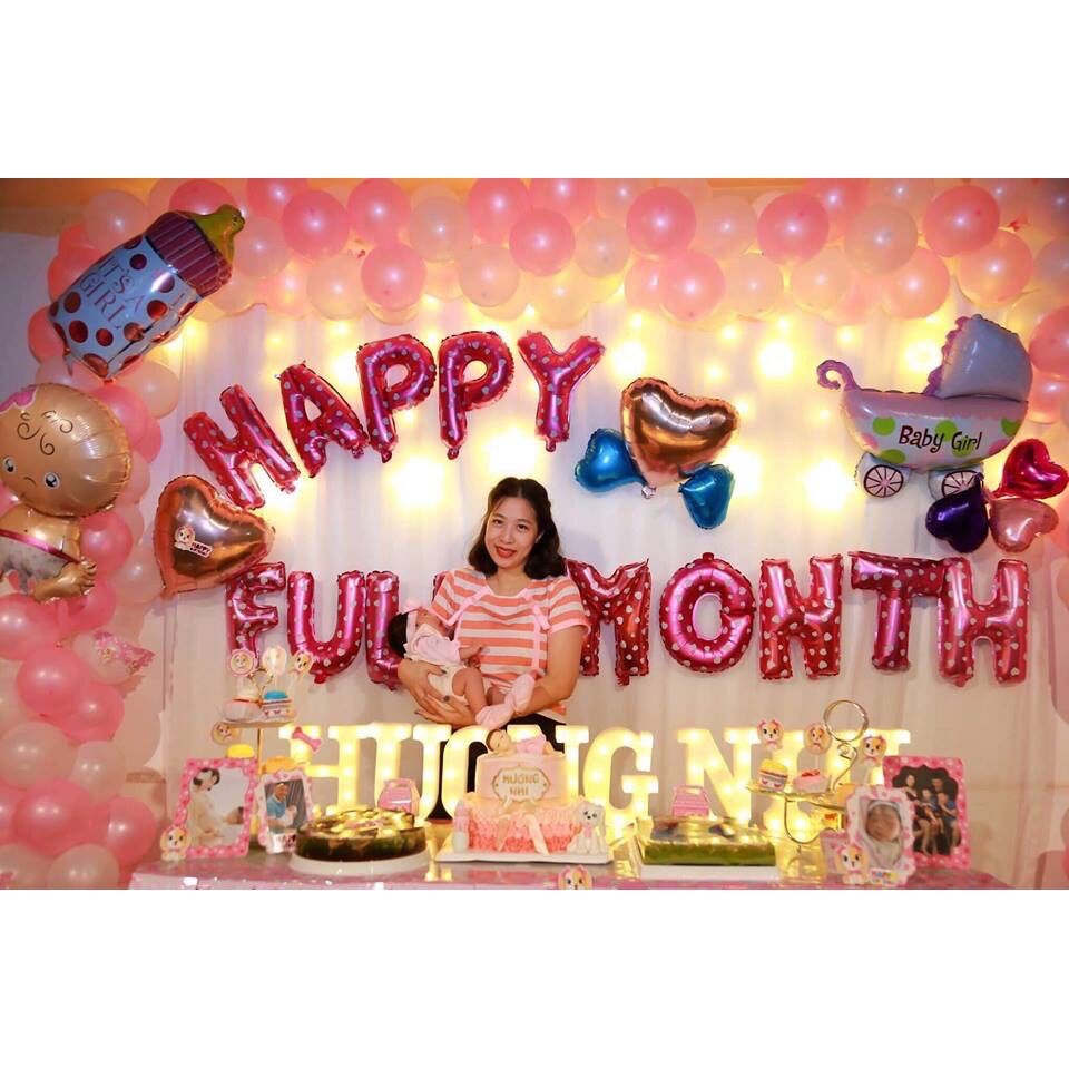 Set bóng bay trang trí đầy tháng happy full month MM09 Tông Hồng