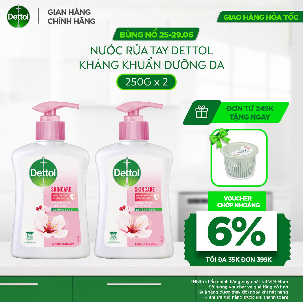 Combo 2 nước rửa tay Dettol kháng khuẩn dưỡng da, hương hoa anh đào - Chai 250g