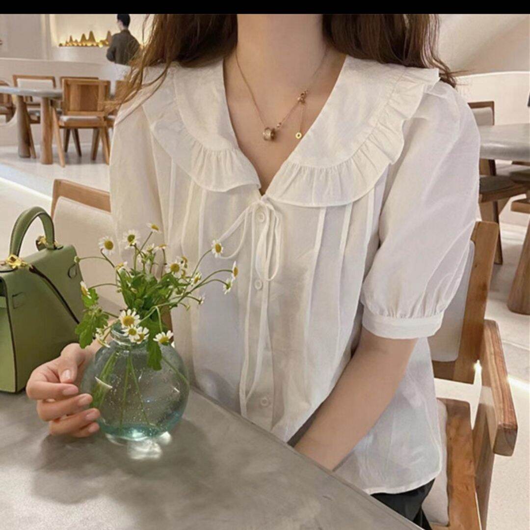 áo sơ mi cổ bèo buộc nơ tiểu thư ảnh thật