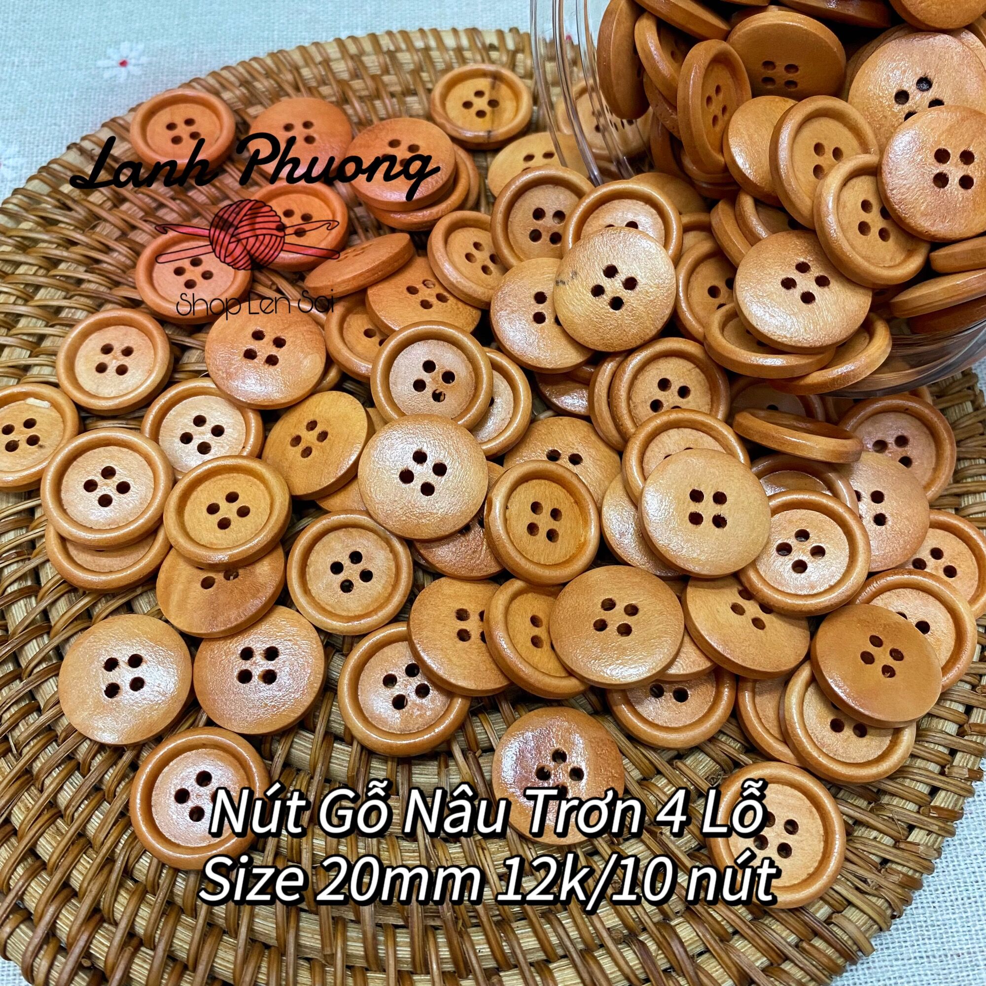 Nút Gỗ Nâu Trơn 4 Lỗ (set 10 cái)