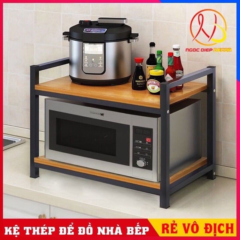 Kệ 2 Tầng Để Lò Vi Sóng hoặc Lò Nướng, Sàn Gỗ Khung thép không gỉ sơn tĩnh điện chịu lực tốt nhiều kích thước