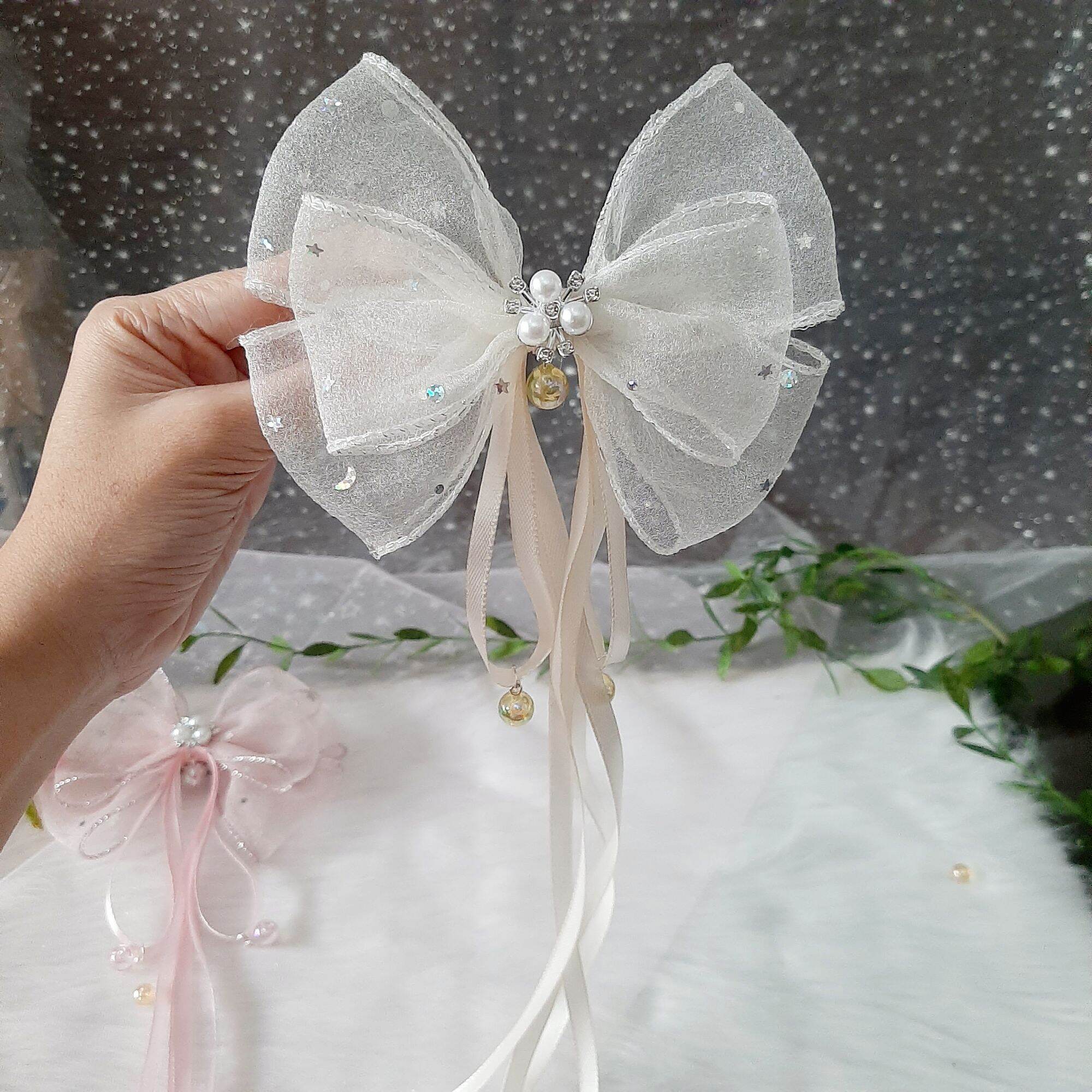 Kẹp tóc nơ đính ngọc đính trăng sao lấp lánh