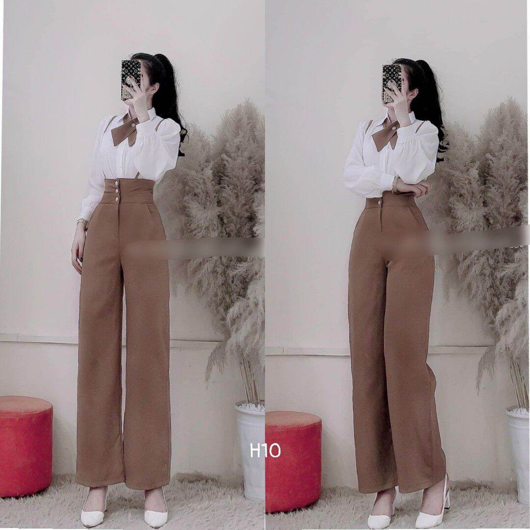 Set áo sơmi nơ + quần yếm suông