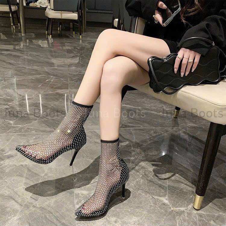 Boots lưới cổ ngắn đính đá đi tiệc - Bốt cổ ngắn lấp lánh bling bling
