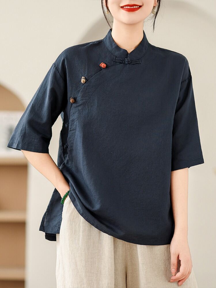 Áo Sơ Mi Mùa Hè Vintage Bằng Cotton Voan Cổ Trung Quốc