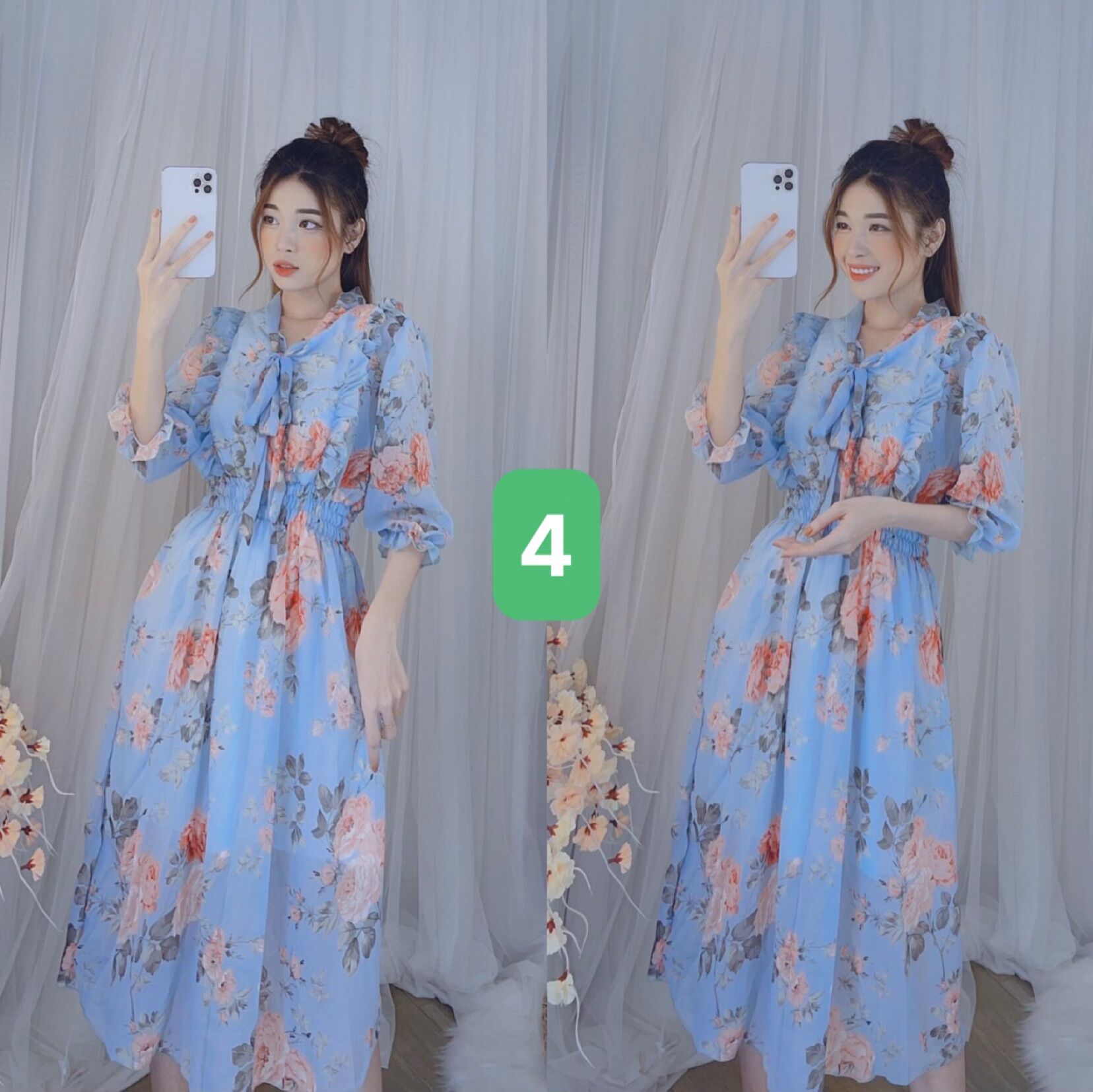 Đầm hoa viền bèo cột nơ siêu xinh - hình thật