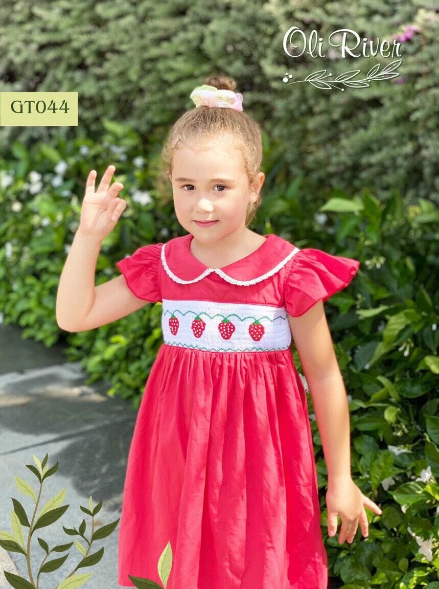 ĐẦM SMOCK CỔ SEN THÊU DÂU TÂY 