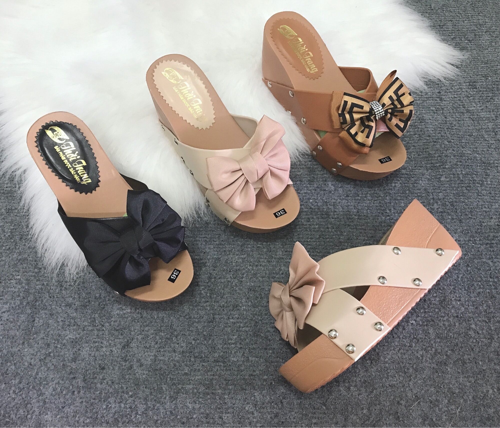 Dép nữ đế xuồng gắn nơ 7cm form nhỏ