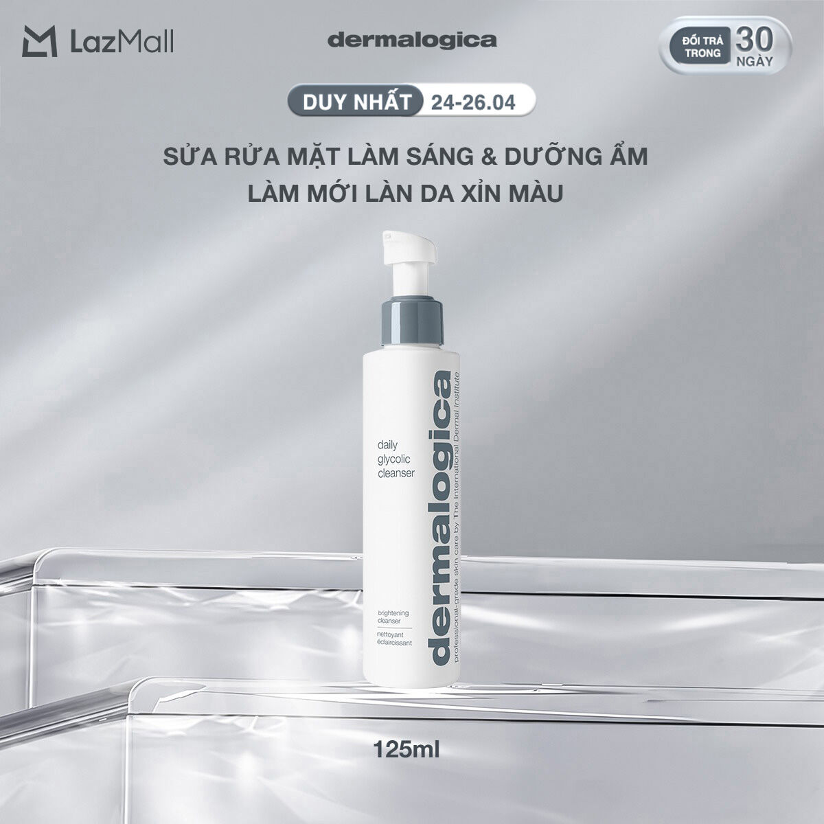 Mới! Sữa rửa mặt làm sáng  dưỡng ẩm làm mới làn da xỉn màu Dermalogica Daily Glycolic Cleanser 125ml