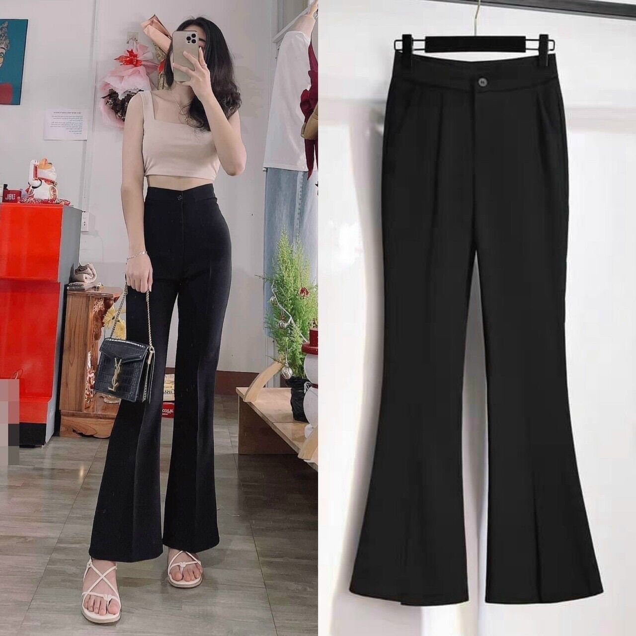 Sét bộ quần ống loe lưng cao tôn dáng from chuẩn shop