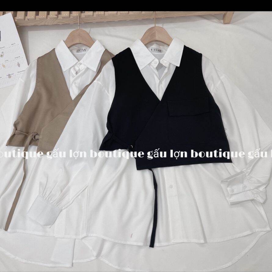set áo sơ mi trắng kèm áo gile form rộng