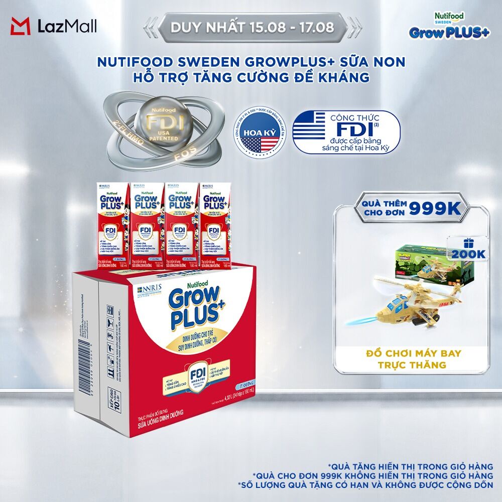 Thùng 24 hộp Sữa Nước Pha Sẵn Nutifood GrowPLUS+ Suy Dinh Dưỡng (Đỏ) - Hỗ trợ tăng cân tăng chiều cao Ít đường 180ml - Trên 1 tuổi (Bao bì tùy đợt nhập hàng)