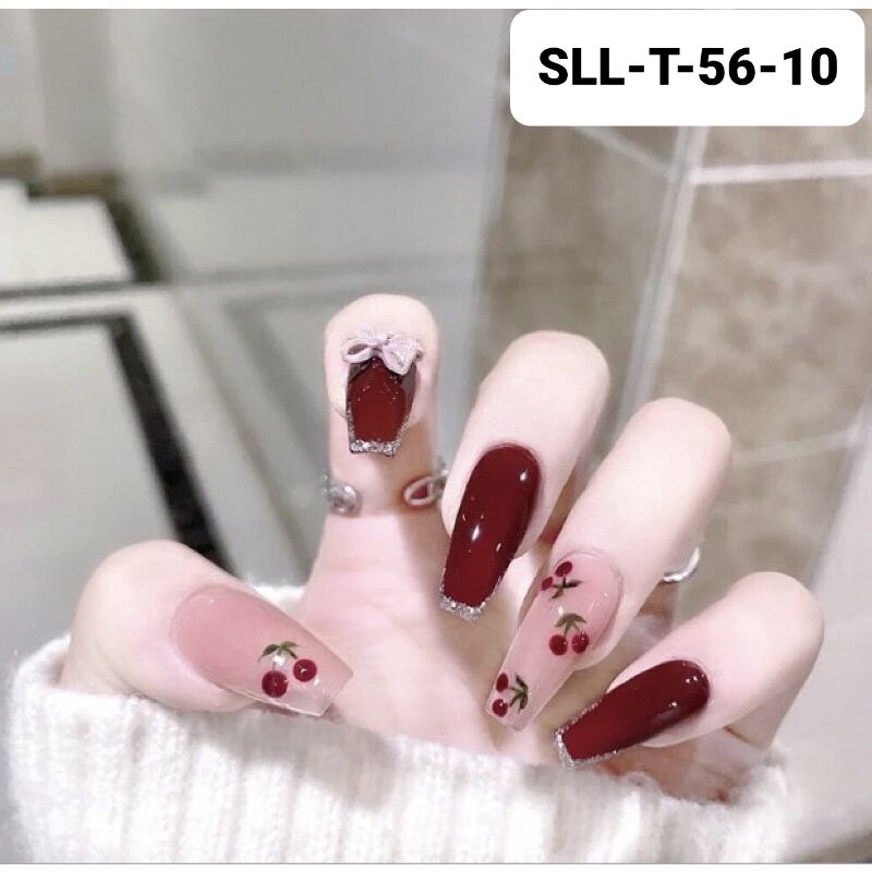 24 PCs set fashion cherry blossom long false nails