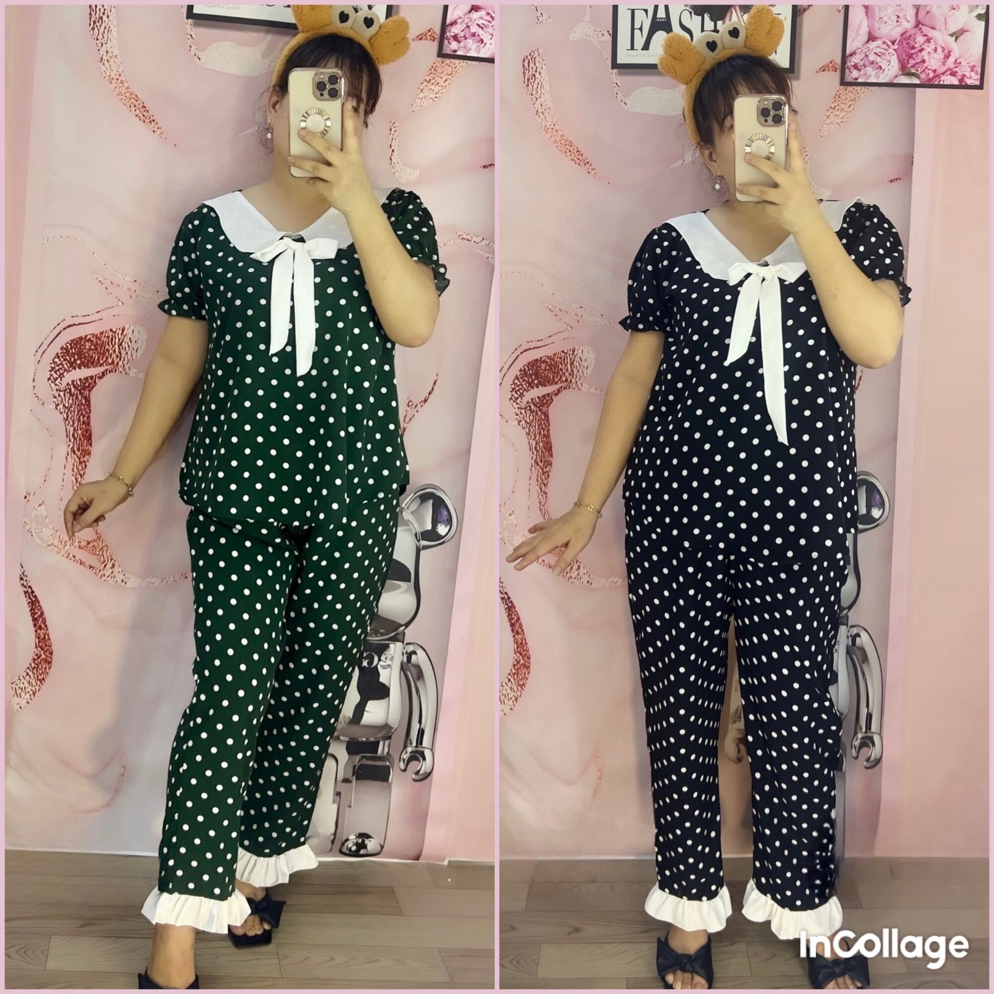Sét bộ tiểu thư hoạ tiết chấm bi bigsize 68kg đến 95kg