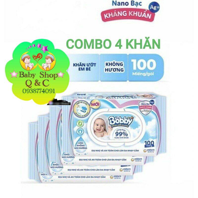 ??combo 4 khăn ướt bobby 100 tờ loại không mùi màu xanh