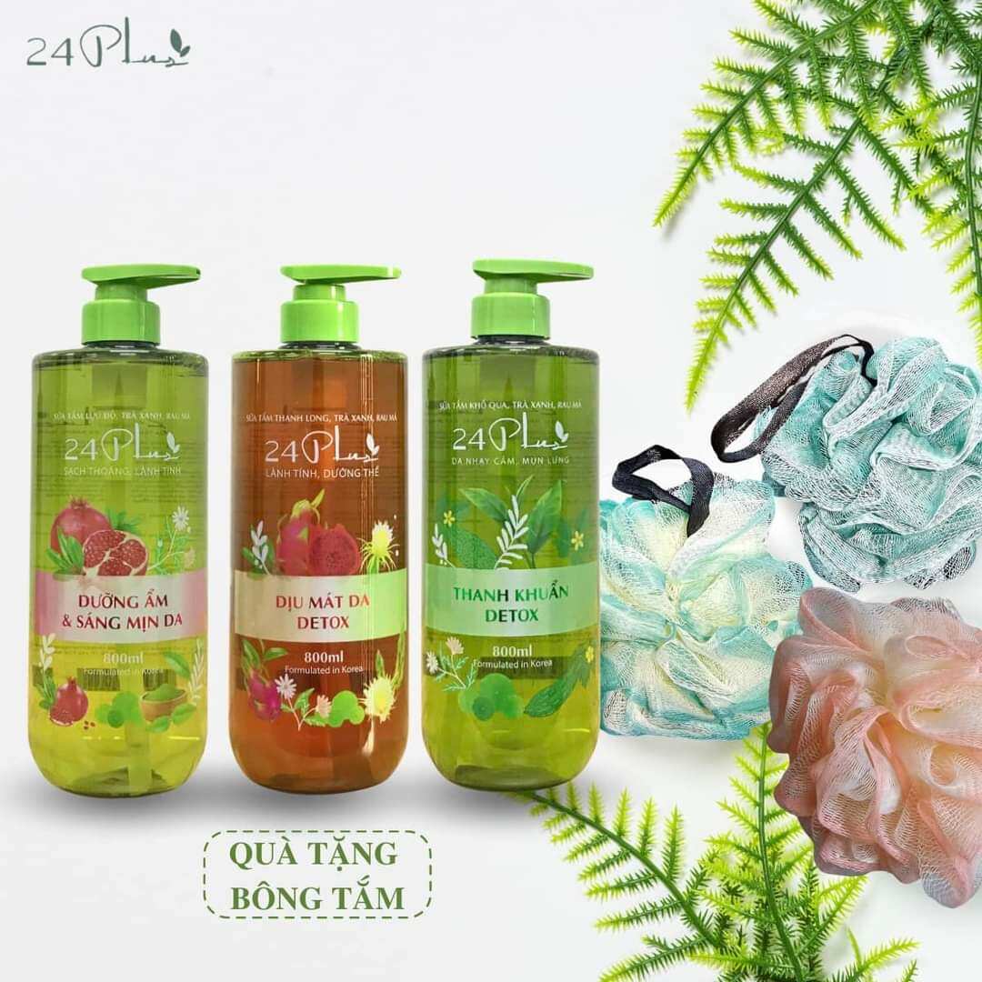 Sữa tắm lựu đỏ thanh long khổ qua trà xanh, rau má 24 plus (800ml