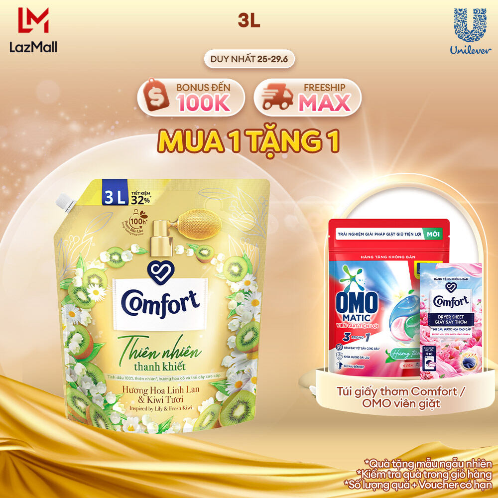 Nước Xả Vải Comfort Thiên Nhiên Thanh Khiết Hương Hoa Linh Lan & Kiwi Tươi 3.0L