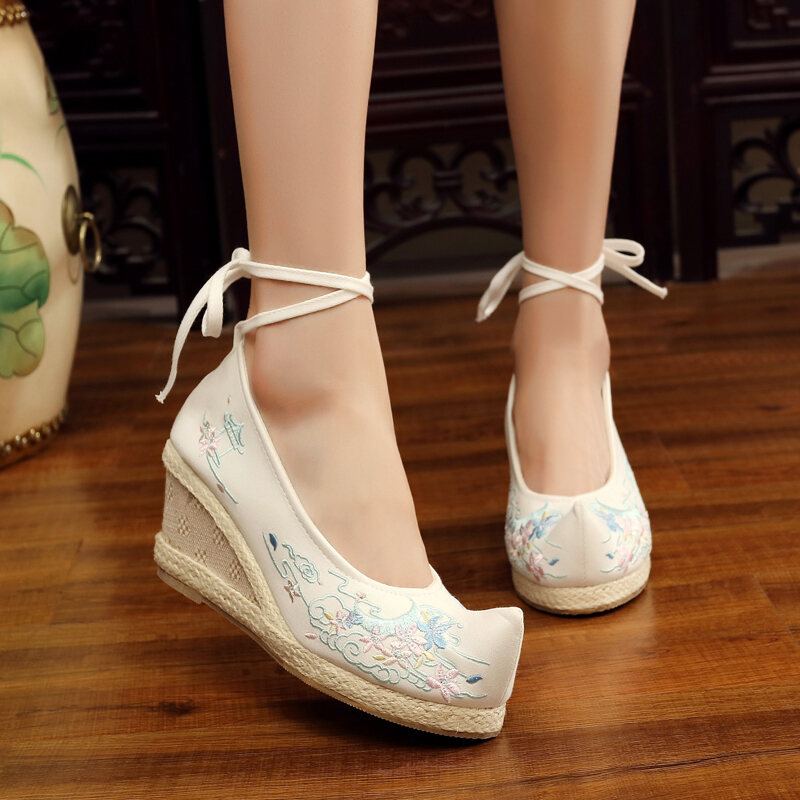 Giày Vải Thêu Phong Cách Dân Tộc Giày Cao Gót Đế Xuồng Mũi Nhọn Cho Nữ Giày Thường Ngày Giày Vải Thủ Công Giày Bệt