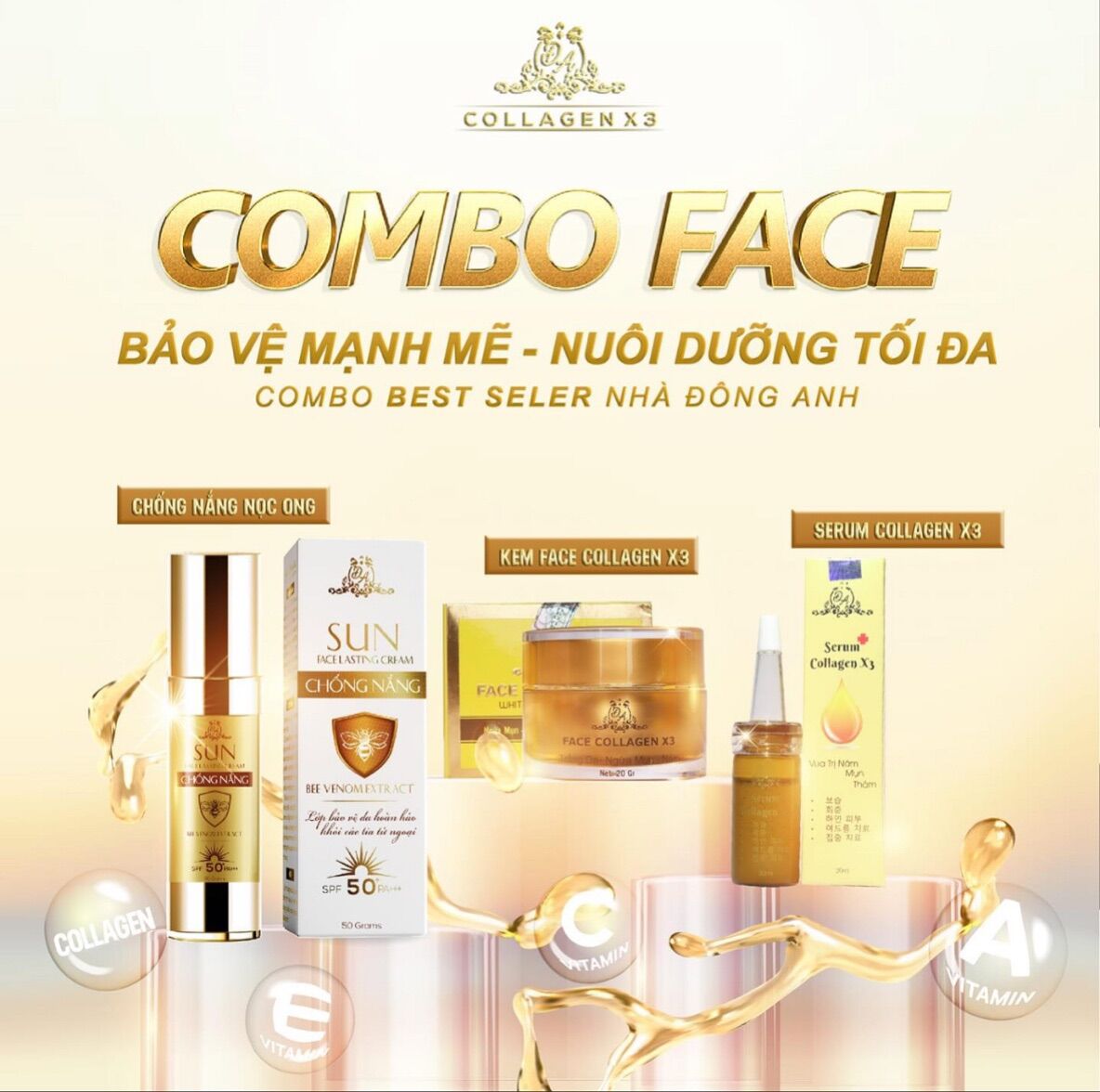 [HCM]COMBO SERUM COLLAGEN X3 + KEM FACE COLLAGEN X3 + CHỐNG NẮNG NỌC ONG - MỸ OHAAMR ĐÔNG ANH