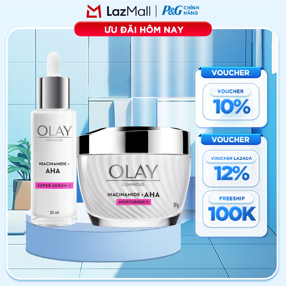 Combo Kem Dưỡng Ban Ngày OLAY LUMINOUS NIACINAMIDE AHA Dưỡng Ẩm Sáng Da, Mờ Thâm Mụn Hũ 50G + Serum OLAY LUMINOUS NIACINAMIDE AHA Dưỡng Ẩm Sáng Da, Mờ Thâm Mụn Chai 30ML