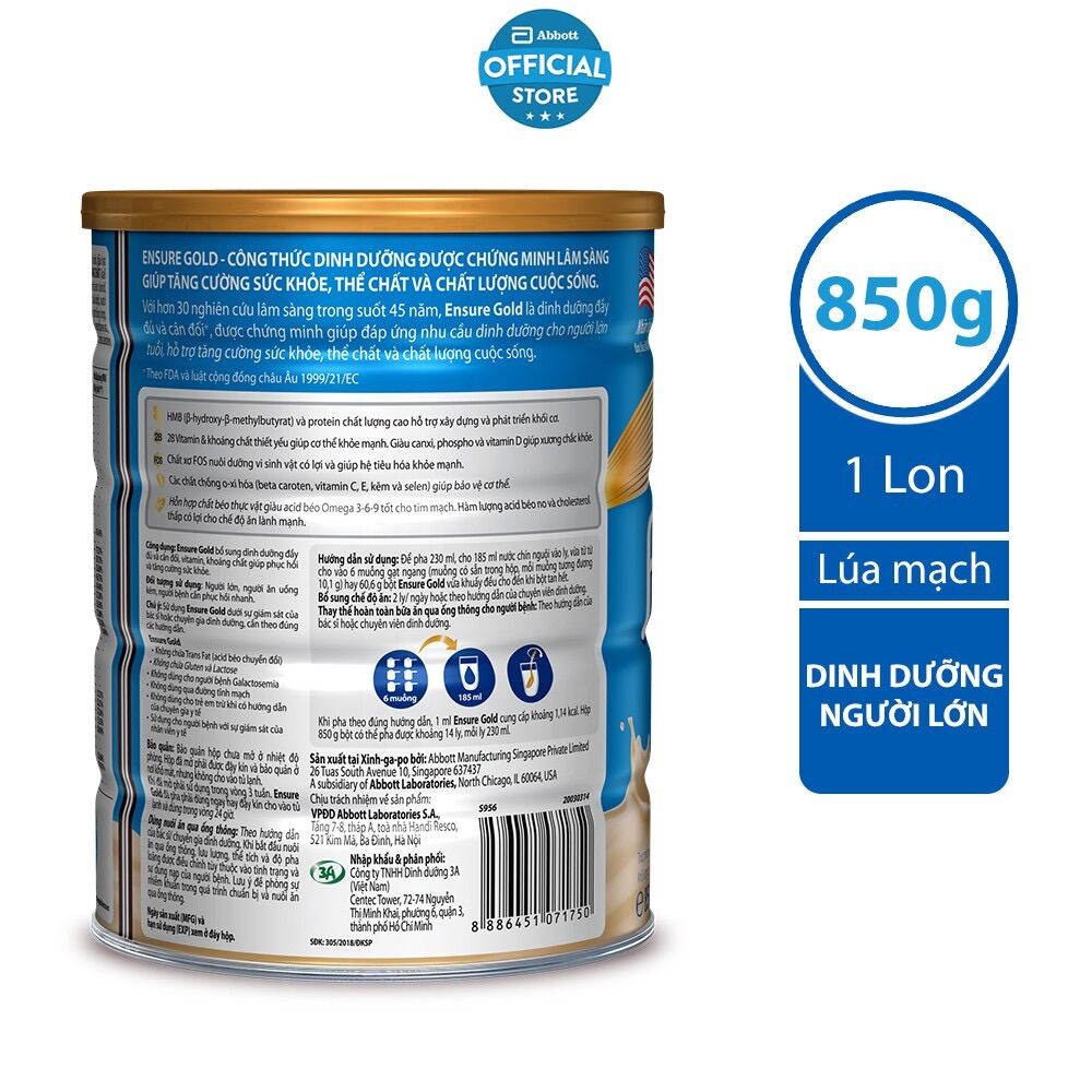 Sữa bột Ensure Gold Abbott (HMB) lúa mạch 850g