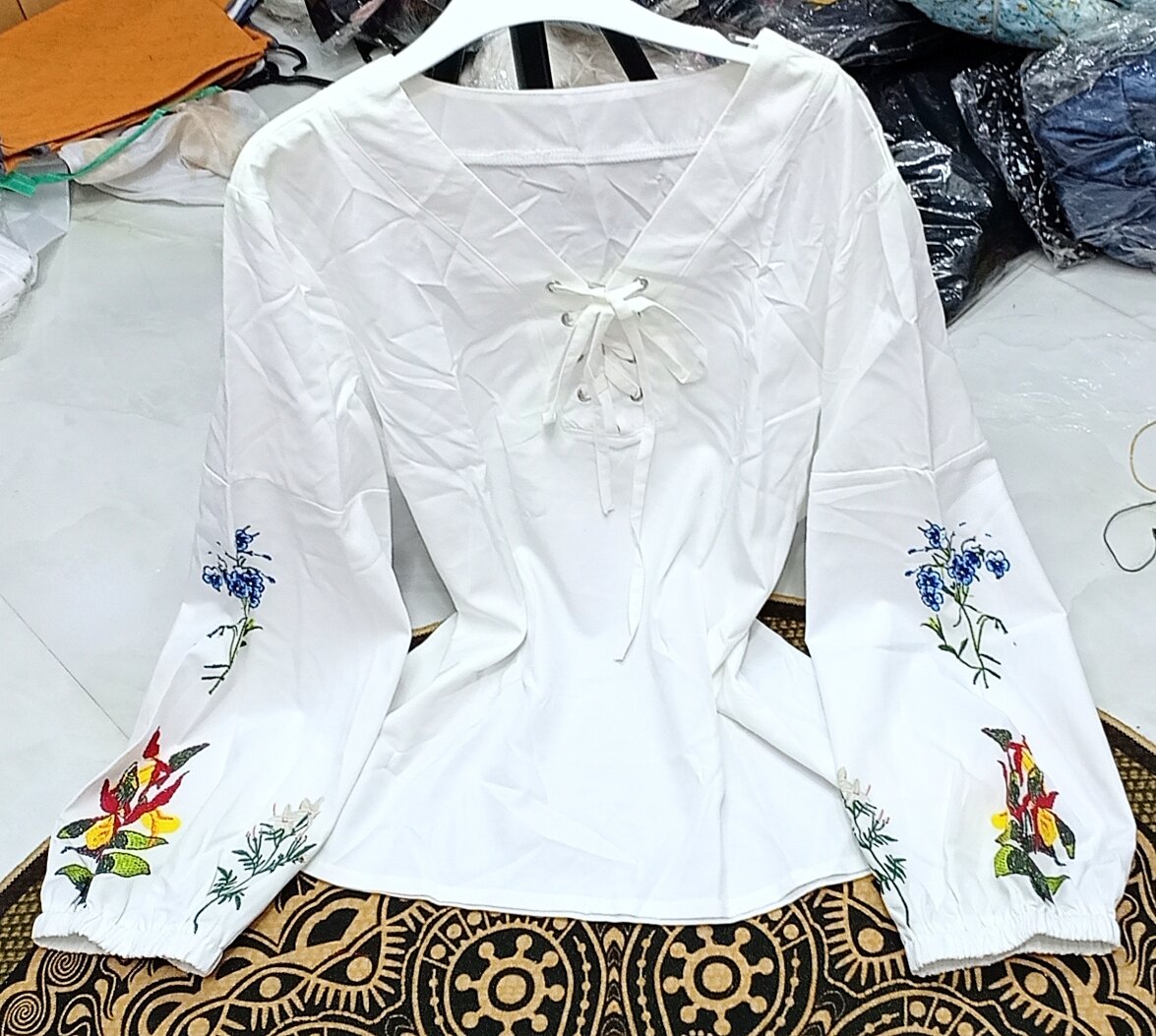 [Size M-3XL] Áo kiểu nữ lụa cổ đan dây tay dài phồng tiểu thư in hoa