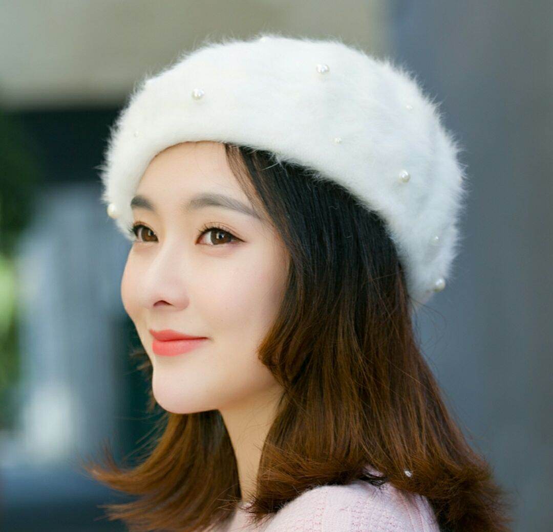 Mũ beret nón bere mũ nồi bánh tiêu họa sĩ thu đông thời trang Hàn Quốc lông thỏ đính hạt