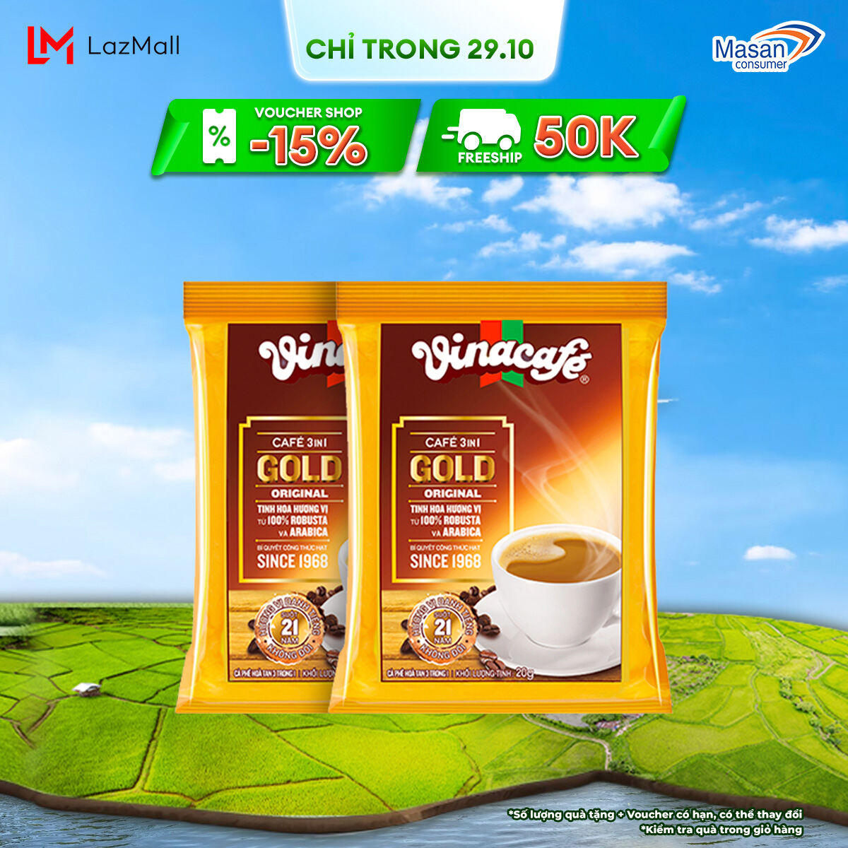 [CHỈ TRONG 25-29.10 VOUCHER 7% CHO ĐƠN TỪ 99K]  Combo 2 Cà Phê Vinacafé 3In1 Gold Original - Túi 24 Gói x 20g