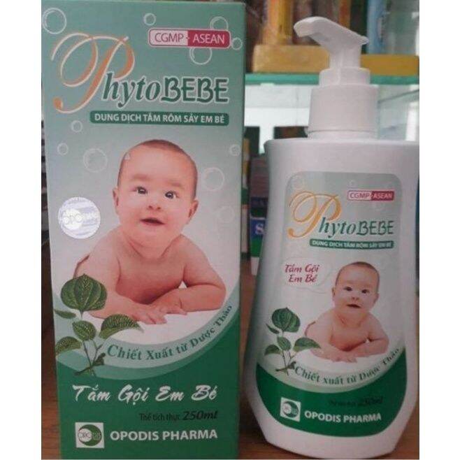 Dung dịch tắm rôm sảy em bé Phytobebe chai lớn 250ml có vòi tiện lợi
