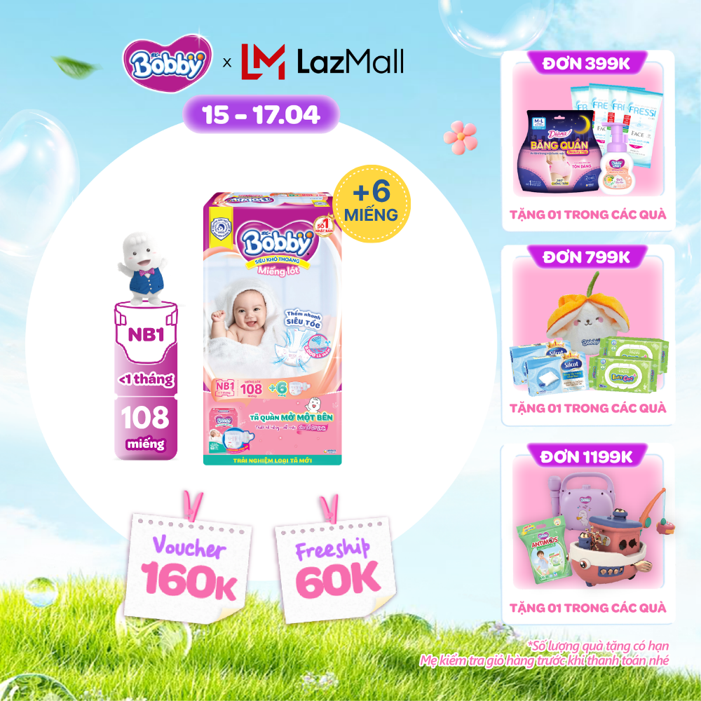 [CHỈ 25-29.04 QT Đơn 899K/1199K]Miếng lót sơ sinh Bobby gói lớn Newborn 1-108 miếng (0-5kg) + Tặng kèm 6 miếng tã quần mở 1 bên Bobby size NB / NB-S