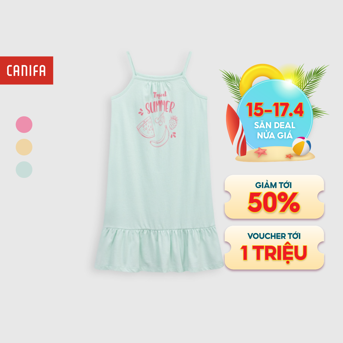[15-17.4 VOUCHER TỚI 1 TRIỆU] Váy liền bé gái có hình in CANIFA Váy liền bé gái chất liệu cotton pha cổ vuông 2 dây  1DS23S003