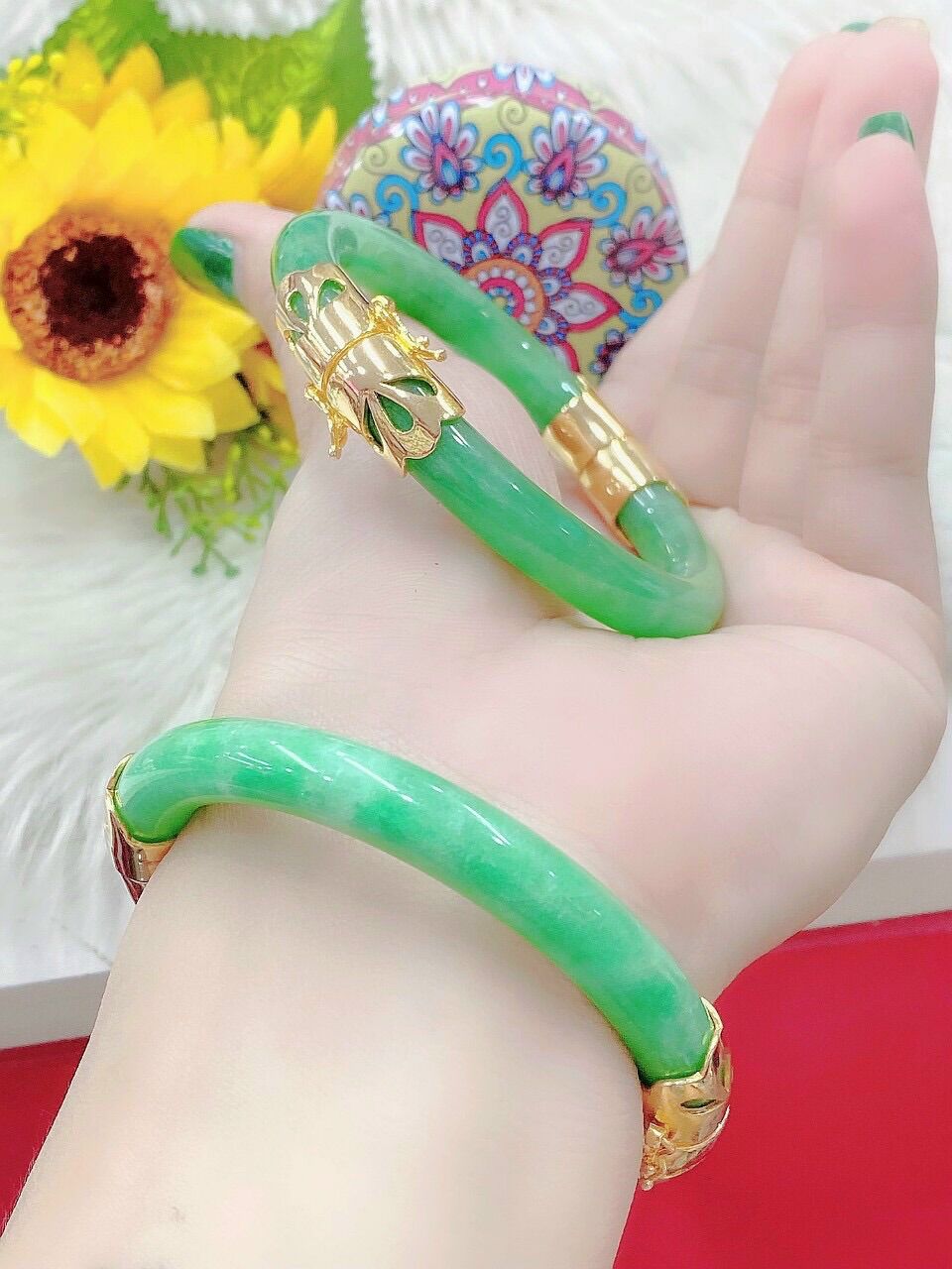 Vòng tay nữ cẩm thạch xanh mạ vàng 18k cao cấp