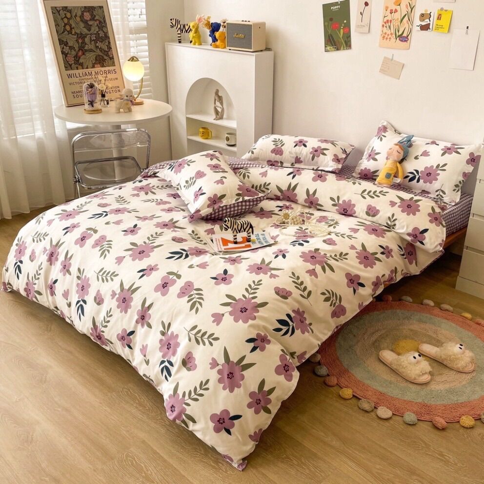 Chăn ga gối cotton poly - Mẫu hoa sim tím.