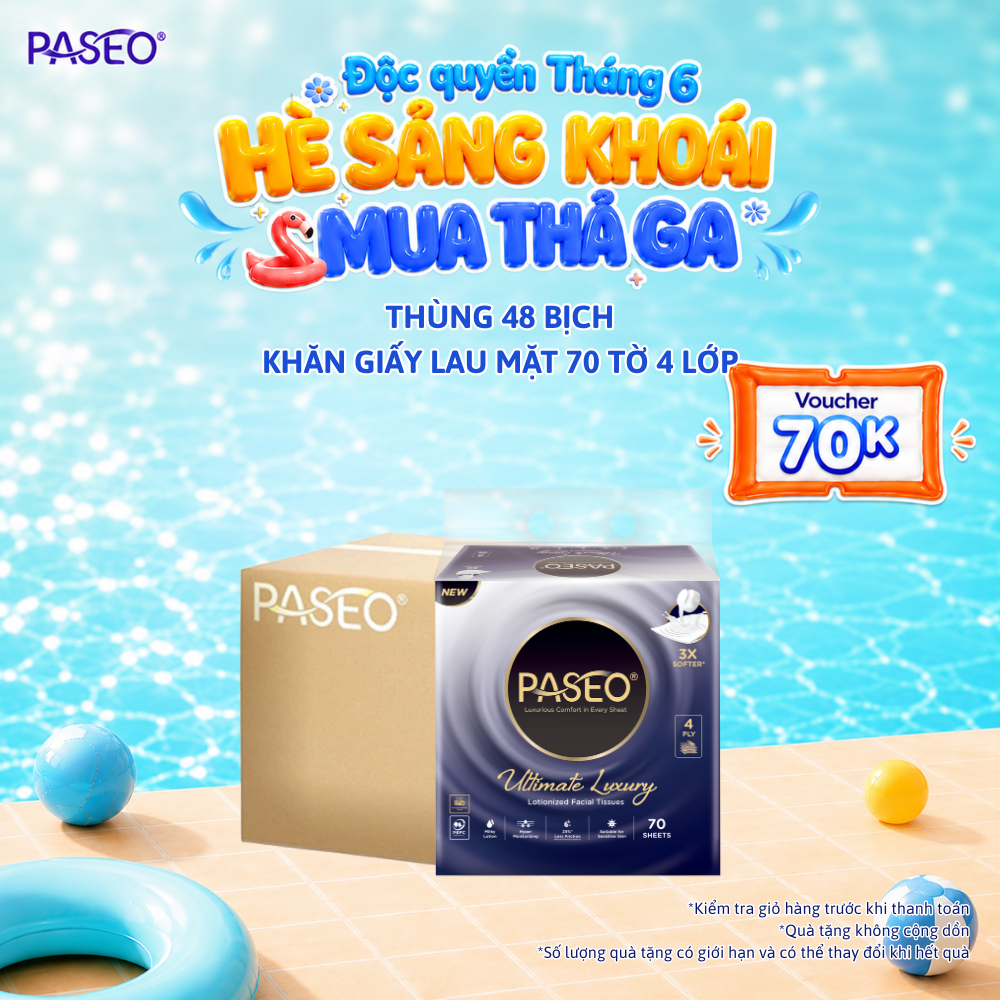 Thùng 12 lốc Khăn giấy lau mặt cao cấp Paseo 70 tờ 4 lớp