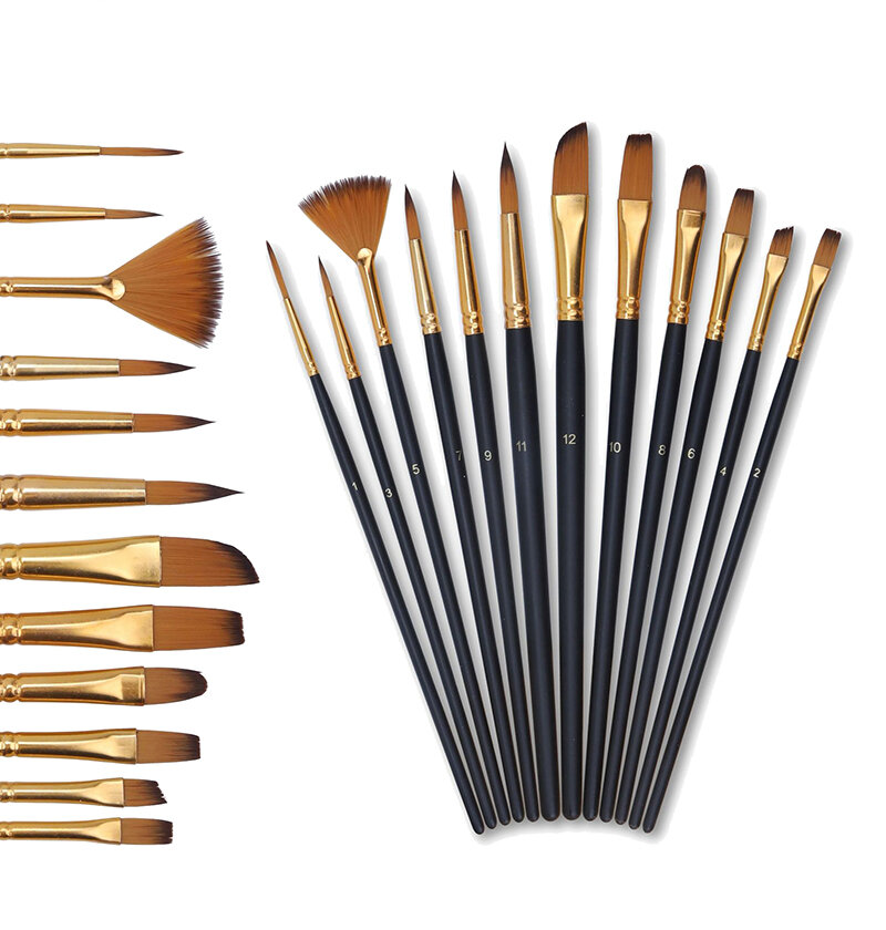 Bộ 12 Cọ Vẽ Gỗ Ngắn Đa Năng Lông Nylon Dùng Cho Tranh Màu Nước Gouache Và Sơn Dầu Acrylic Dụng Cụ Vẽ Tranh Dành Cho Người Mới Bắt Đầu