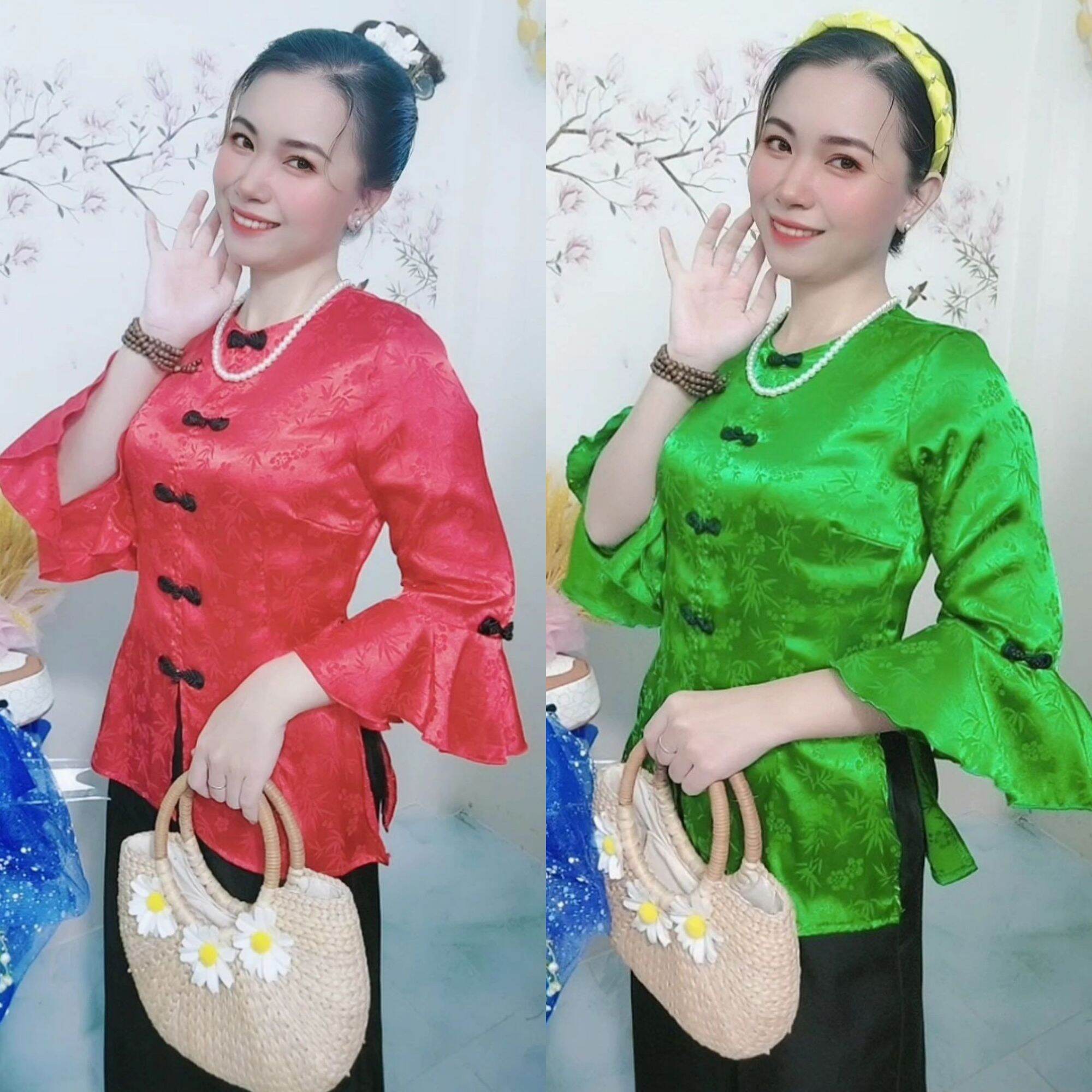 Bộ bà ba gấm tay bèo phối quần lụa ngọc trai siêu đẹp phom freesize