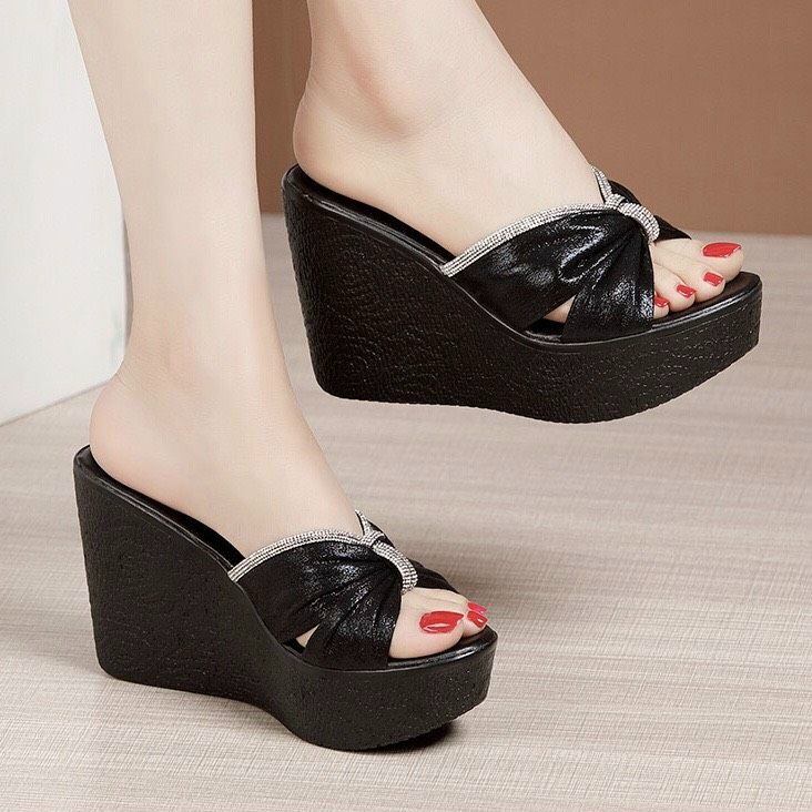 Dép đế xuồng pu 8cm siêu nhẹ phối dây đá cao cấp