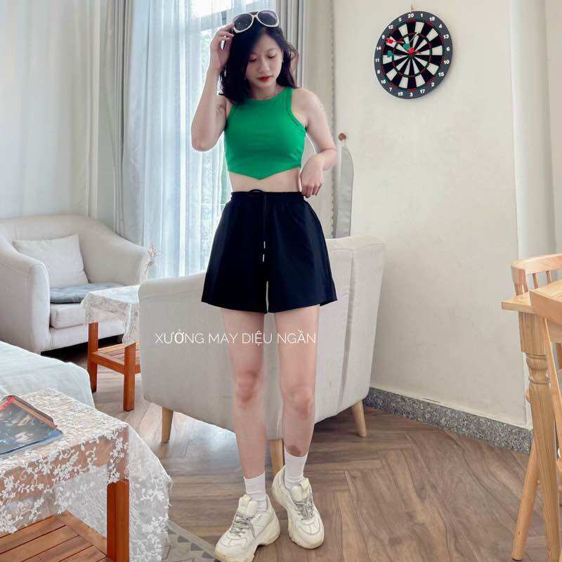 Quần short nữ cạp chun chất vải umi co giãn quần đùi nữ có dây rút thắt nơ