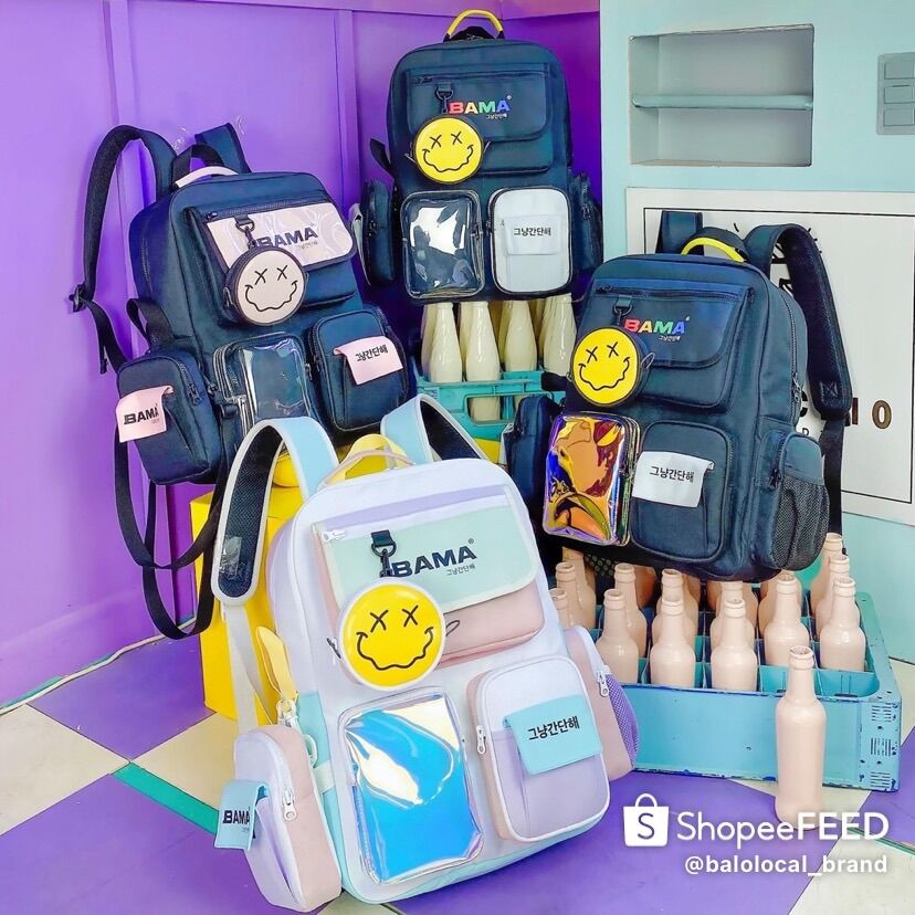 Balo đi học Local Brand Bama, túi tròn mặt cười, túi chéo