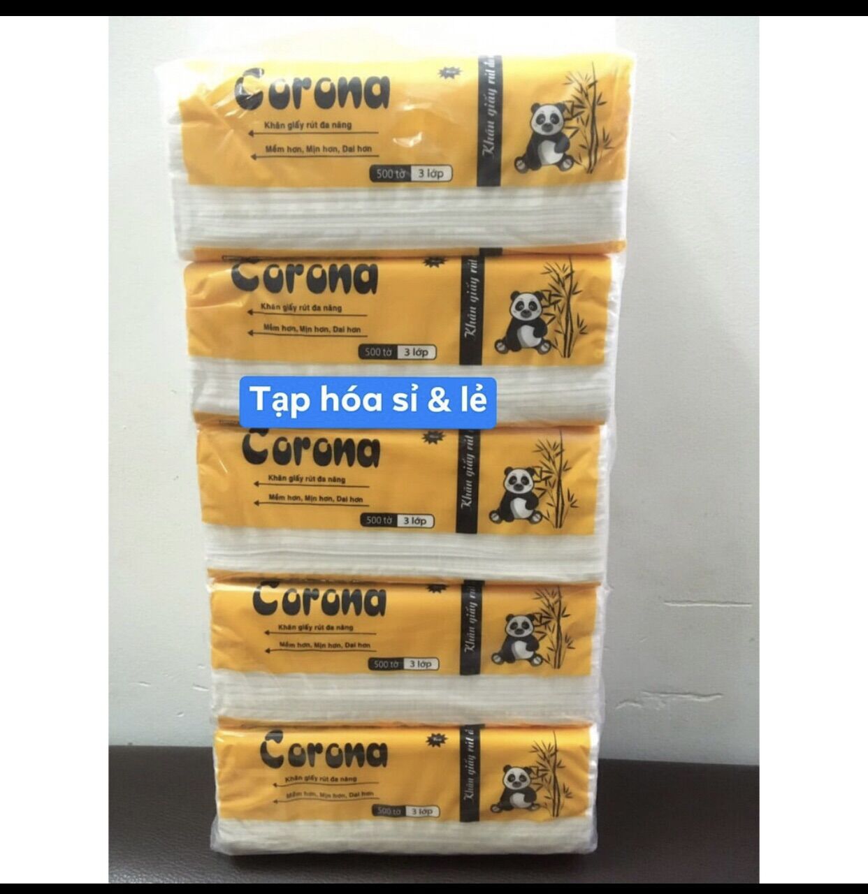 Combo 5 bịch giấy ăn rút gấu trúc corona (1 bịch 500 tờ)