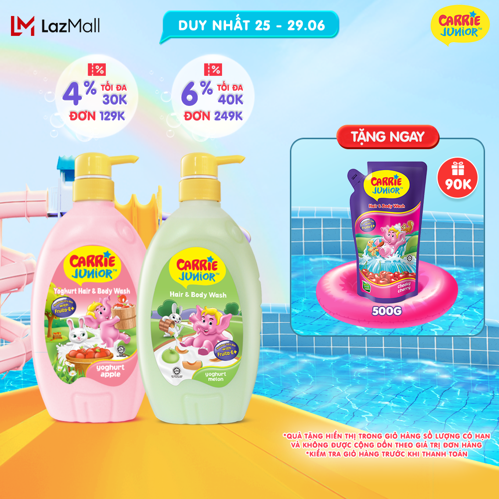 Combo 2 Chai Sữa Tắm Gội Cho Bé Carrie Junior chiết xuất trái cây thiên nhiên Yoghurt hương Táo + Dưa Lưới (700g/ chai)