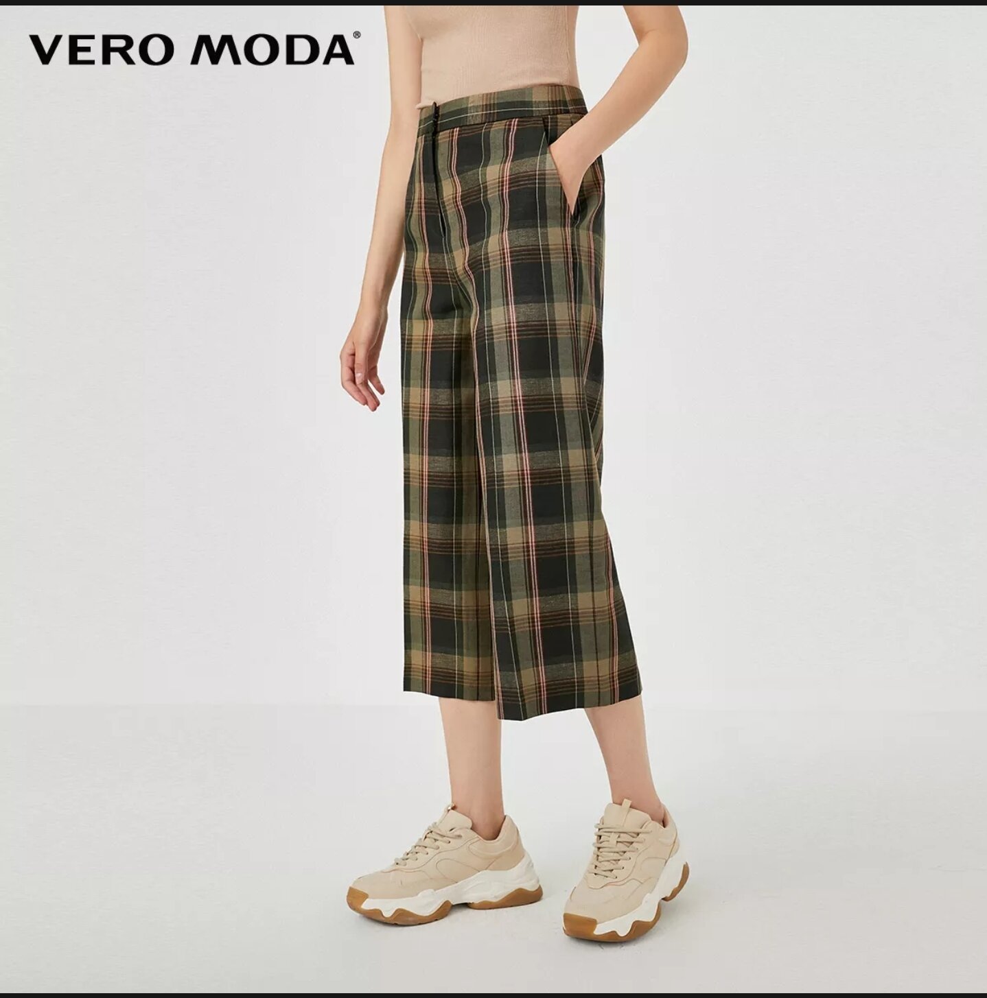 Vero moda - quần lửng vải lanh cạp vừa kẻ ca rô cho nữ