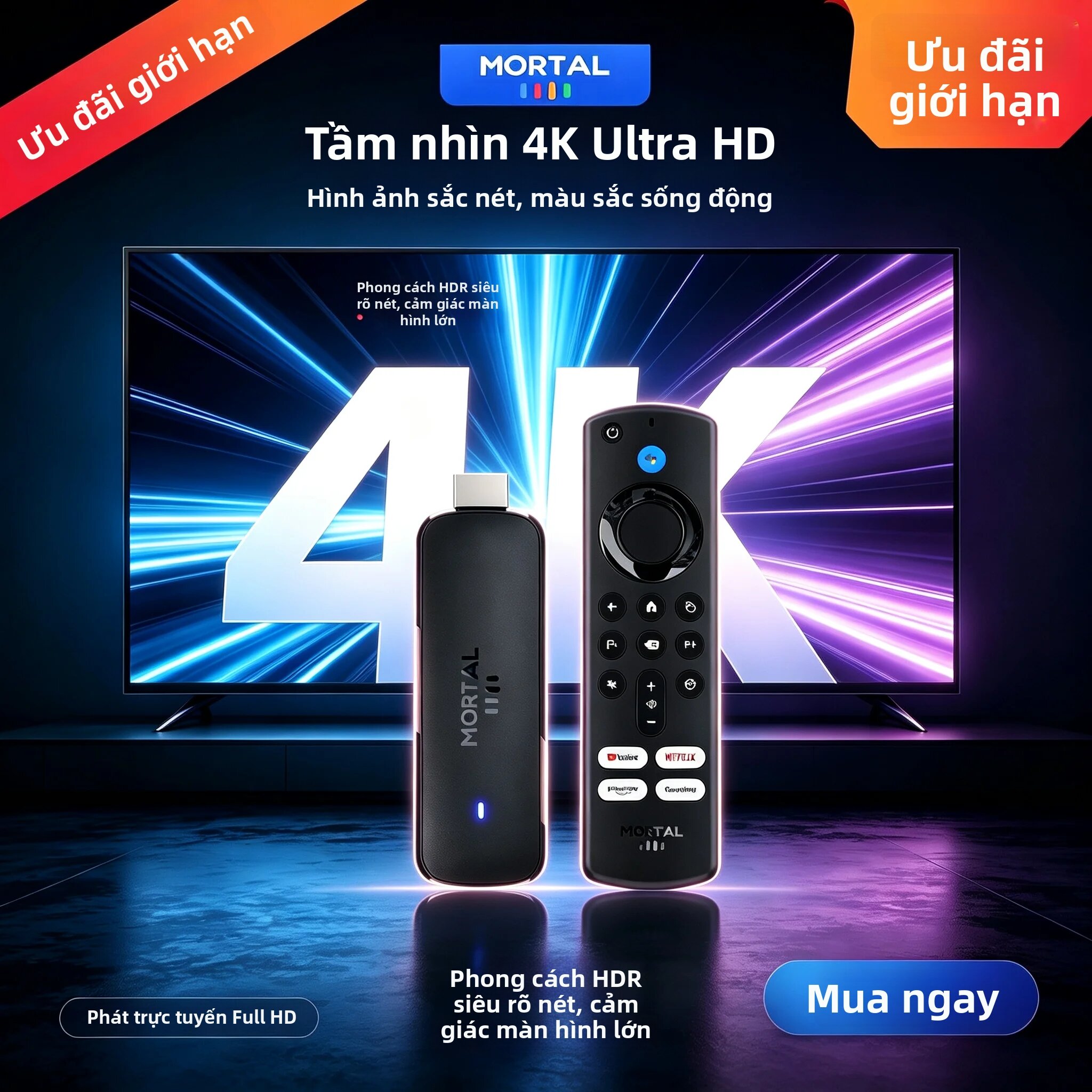 Thiết Bị Phát Trực Tuyến TV Thông Minh Mortal Q8 4K Android TV Stick WiFi6 BT50 Hỗ Trợ Google Voice, Netflix, Youtube, Trình Phát Đa Phương Tiện FullHD, Hệ Thống Rạp Hát Gia Đình