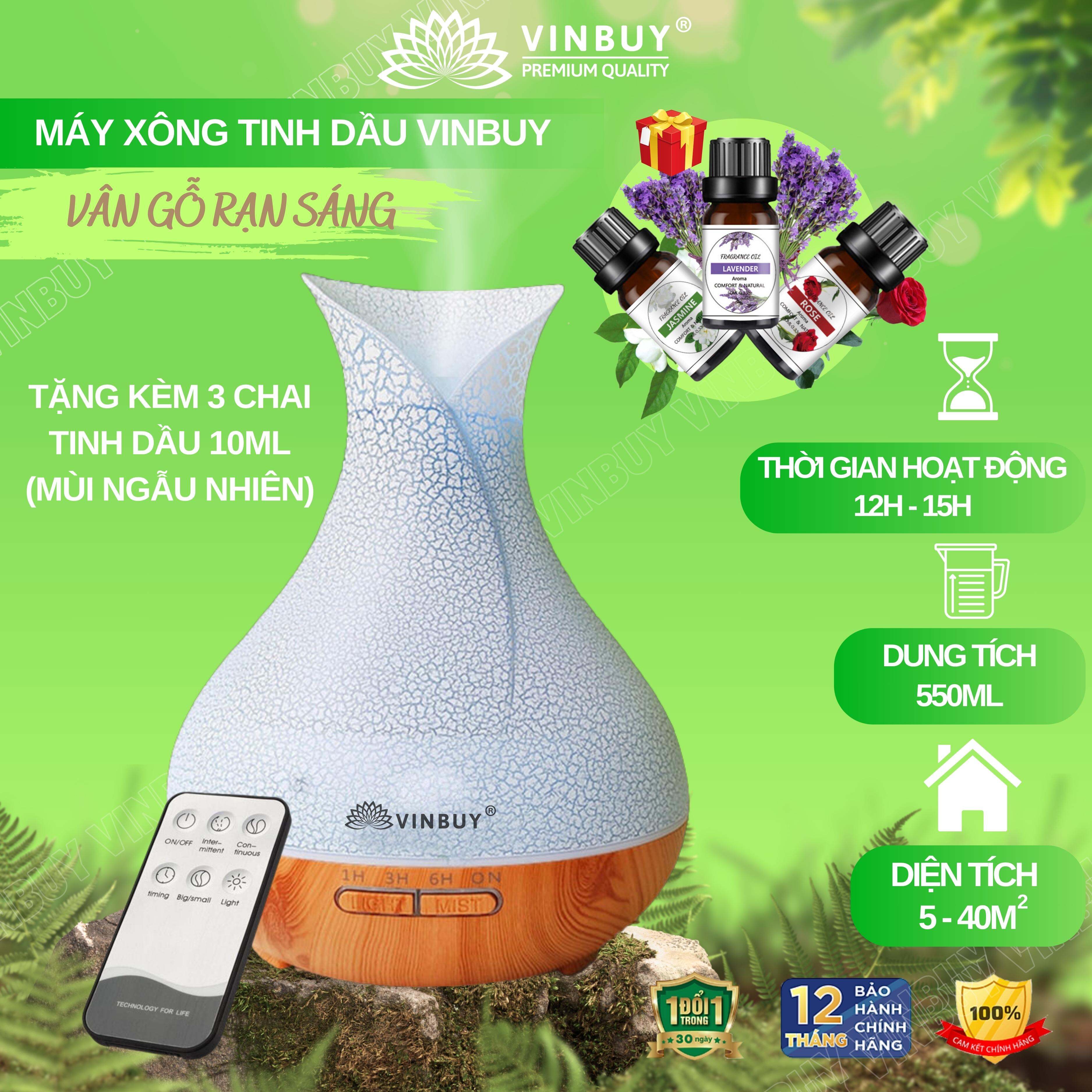 Máy xông tinh dầu VINBUY lục bình, xông tinh dầu phòng ngủ, spa, nhà hàng, khách sạn, caffe, dung tích lớn 550ml led 07 màu - Hàng chính hãng